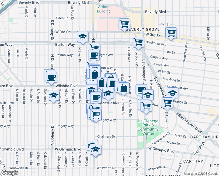 map of restaurants, bars, coffee shops, grocery stores, and more near 8693 Wilshire Boulevard in Beverly Hills