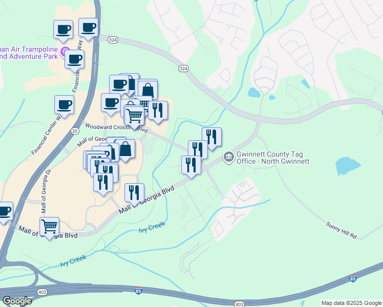 map of restaurants, bars, coffee shops, grocery stores, and more near 3185 Woodward Crossing Boulevard in Buford