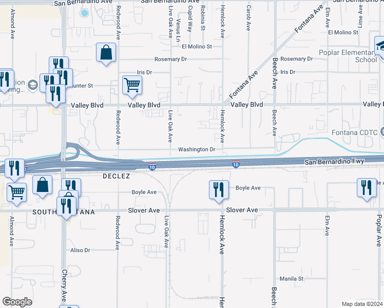 map of restaurants, bars, coffee shops, grocery stores, and more near 14945 Washington Drive in Fontana