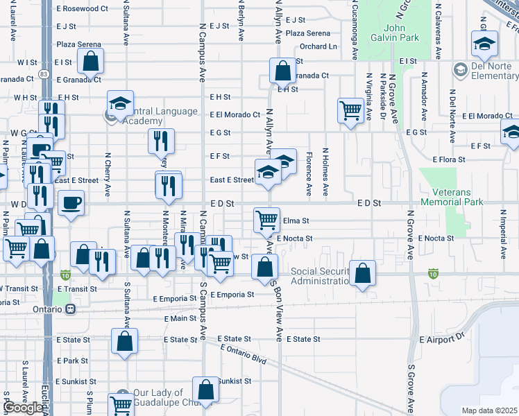 map of restaurants, bars, coffee shops, grocery stores, and more near 839 East Elma Street in Ontario