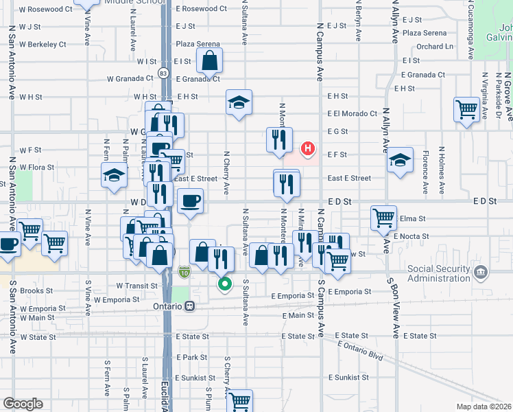 map of restaurants, bars, coffee shops, grocery stores, and more near 527 Lynn Haven Street in Ontario