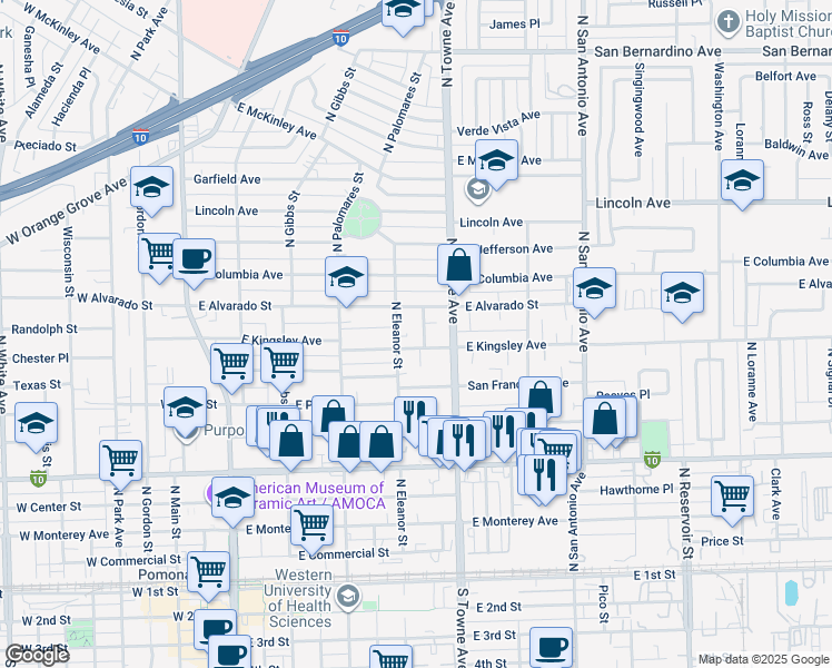 map of restaurants, bars, coffee shops, grocery stores, and more near 567 East Kingsley Avenue in Pomona
