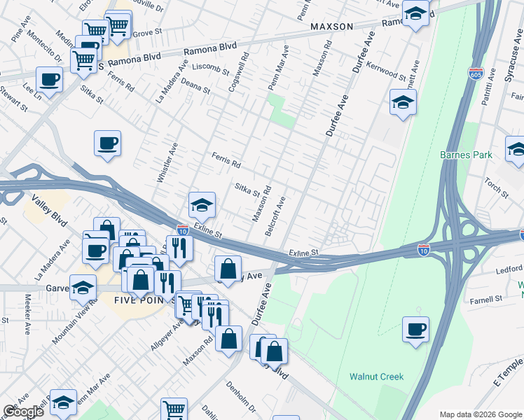 map of restaurants, bars, coffee shops, grocery stores, and more near 3507 Maxson Road in El Monte