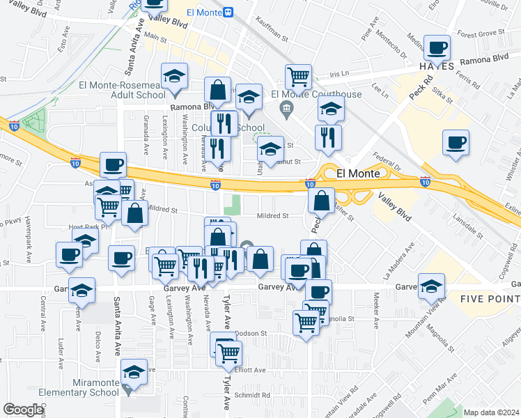 map of restaurants, bars, coffee shops, grocery stores, and more near 3203 Utah Avenue in El Monte