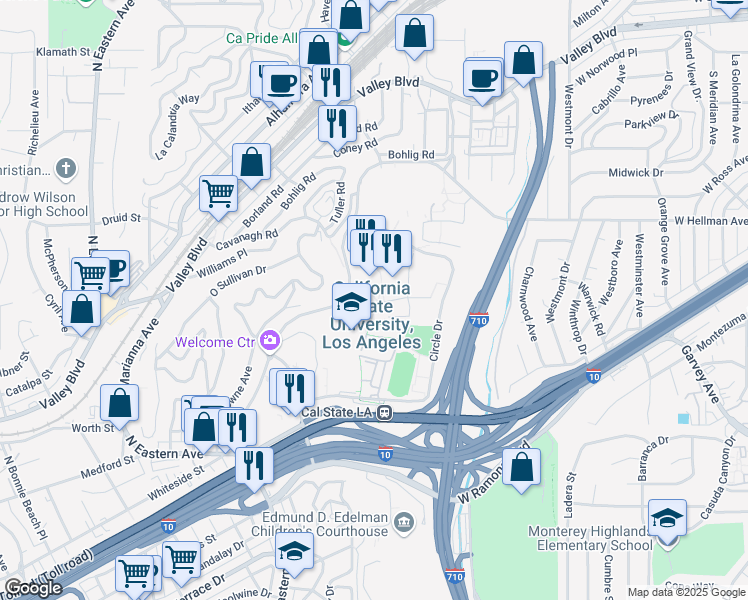 map of restaurants, bars, coffee shops, grocery stores, and more near 5151 State University Drive in Los Angeles