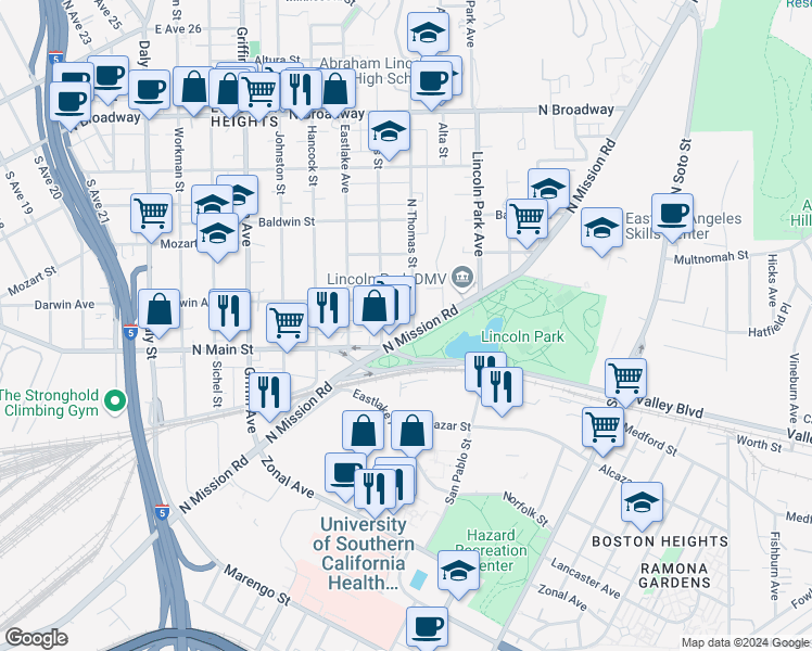 map of restaurants, bars, coffee shops, grocery stores, and more near 3317 North Mission Road in Los Angeles
