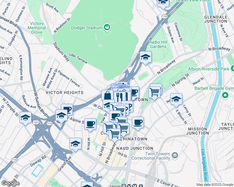 map of restaurants, bars, coffee shops, grocery stores, and more near 947 Yale Street in Los Angeles