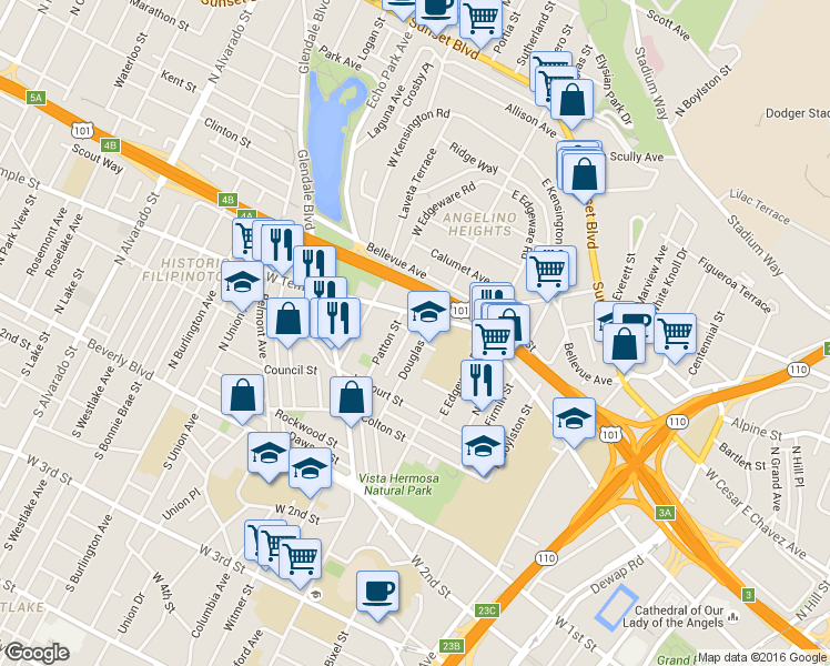 map of restaurants, bars, coffee shops, grocery stores, and more near 1359 Cortez Street in Los Angeles