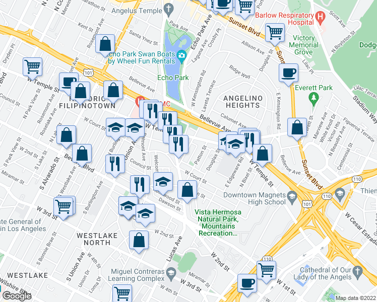 map of restaurants, bars, coffee shops, grocery stores, and more near 329 Laveta Terrace in Los Angeles