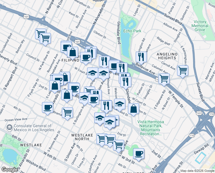 map of restaurants, bars, coffee shops, grocery stores, and more near 276 Belmont Avenue in Los Angeles
