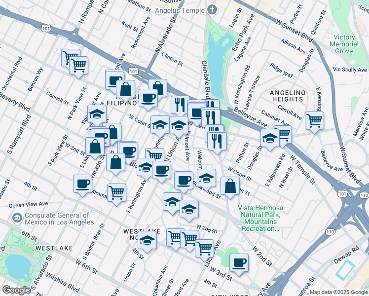 map of restaurants, bars, coffee shops, grocery stores, and more near 276 Belmont Avenue in Los Angeles