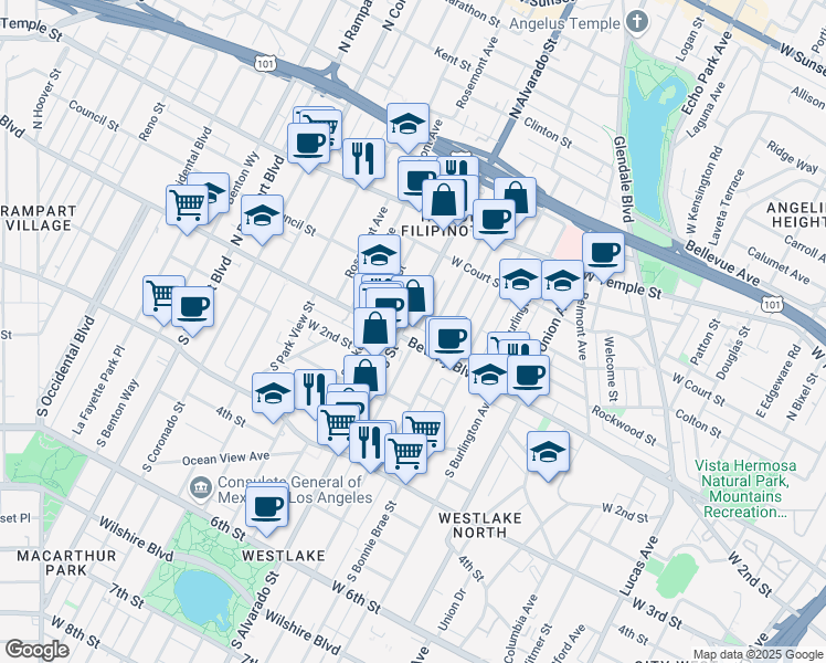 map of restaurants, bars, coffee shops, grocery stores, and more near in Los Angeles