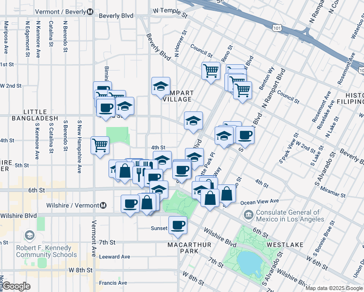 map of restaurants, bars, coffee shops, grocery stores, and more near 400 South Hoover Street in Los Angeles