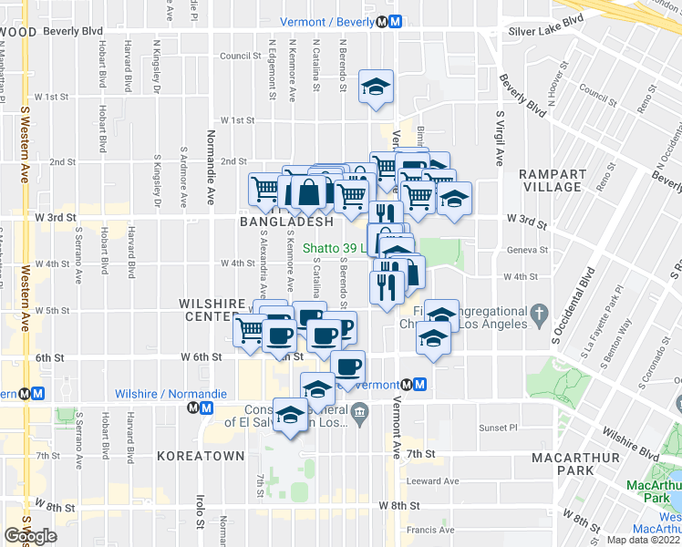 map of restaurants, bars, coffee shops, grocery stores, and more near 433 South Berendo Street in Los Angeles