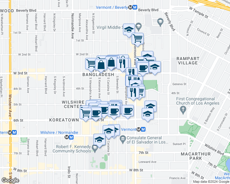 map of restaurants, bars, coffee shops, grocery stores, and more near 433 South Berendo Street in Los Angeles