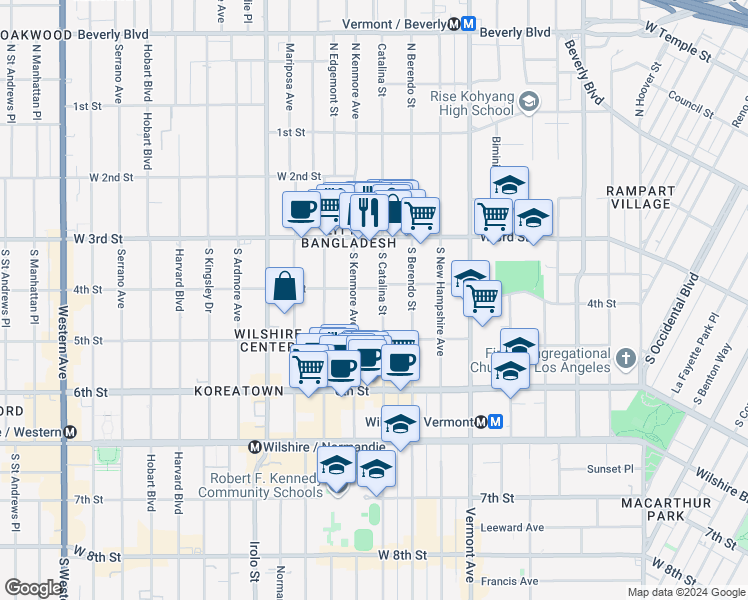 map of restaurants, bars, coffee shops, grocery stores, and more near 425 South Catalina Street in Los Angeles