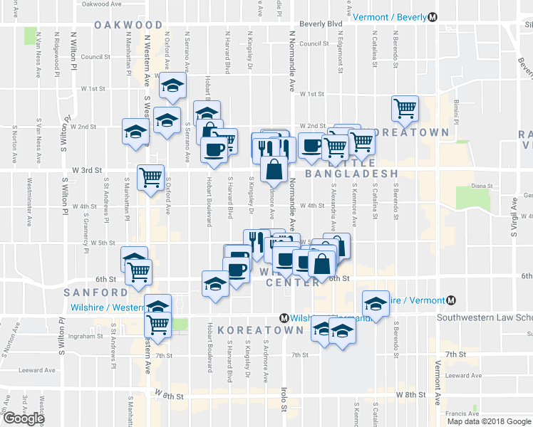 map of restaurants, bars, coffee shops, grocery stores, and more near 401 South Ardmore Avenue in Los Angeles