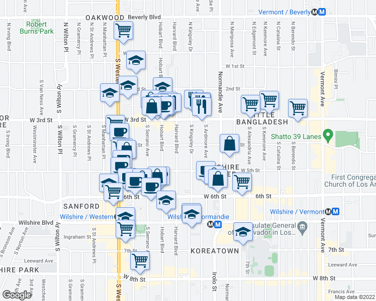 map of restaurants, bars, coffee shops, grocery stores, and more near 420 South Harvard Boulevard in Los Angeles