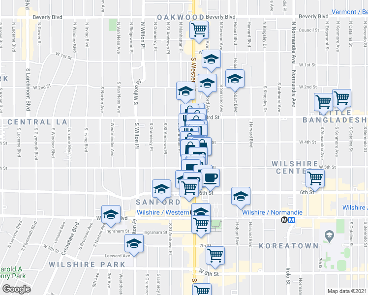 map of restaurants, bars, coffee shops, grocery stores, and more near 450 South Western Avenue in Los Angeles