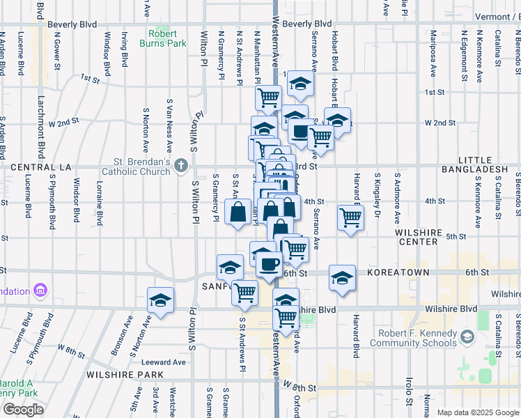 map of restaurants, bars, coffee shops, grocery stores, and more near 450 South Western Avenue in Los Angeles