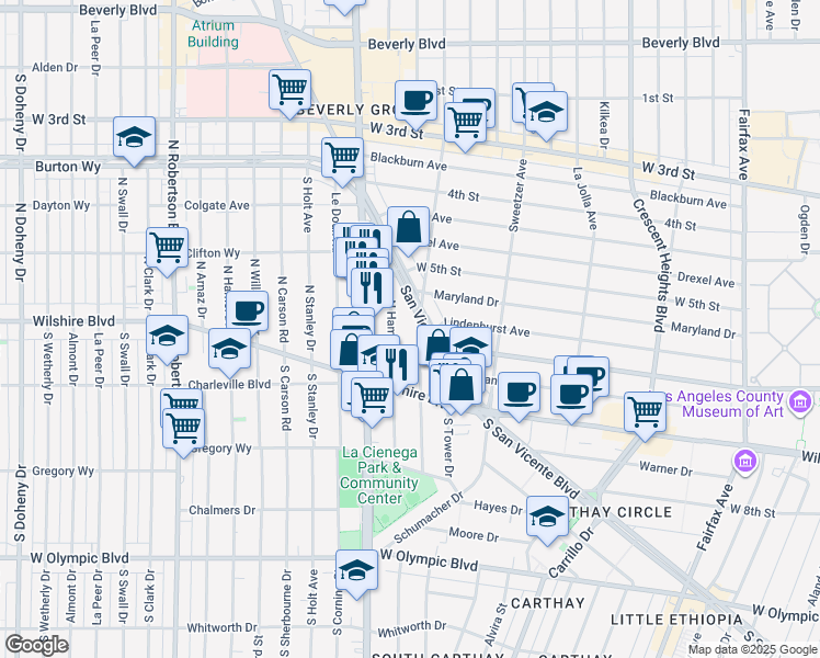 map of restaurants, bars, coffee shops, grocery stores, and more near 123 North Gale Drive in Beverly Hills