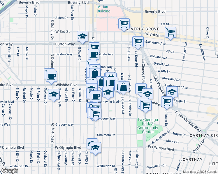 map of restaurants, bars, coffee shops, grocery stores, and more near 86 South Hamel Drive in Beverly Hills