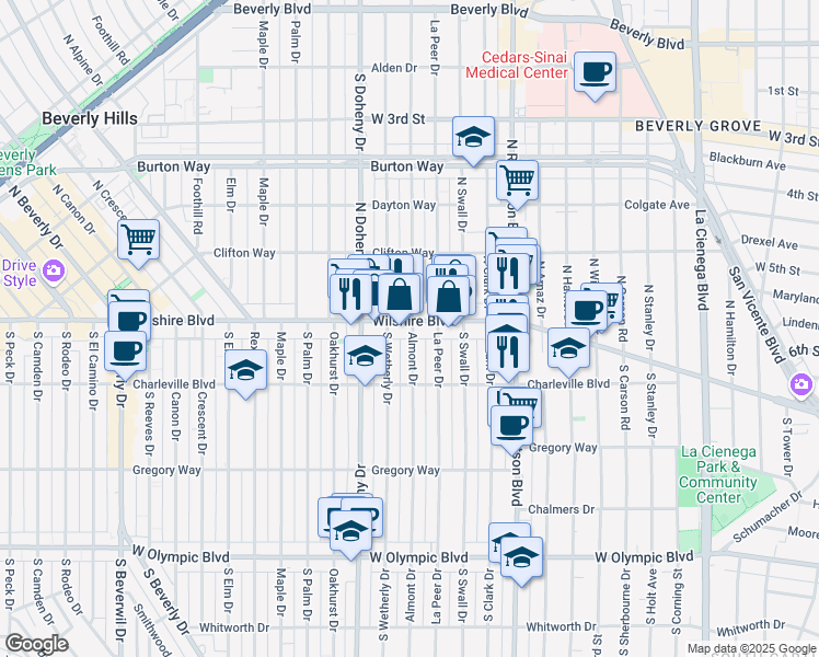 map of restaurants, bars, coffee shops, grocery stores, and more near 120 South Almont Drive in Beverly Hills