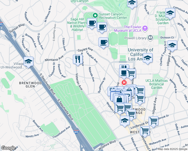 map of restaurants, bars, coffee shops, grocery stores, and more near 632 Levering Avenue in Los Angeles