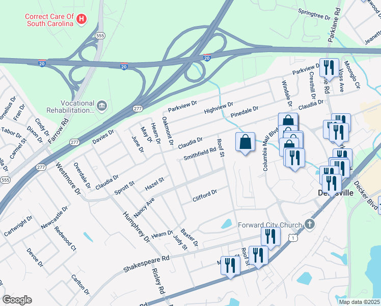 map of restaurants, bars, coffee shops, grocery stores, and more near 7234 Smithfield Road in Columbia