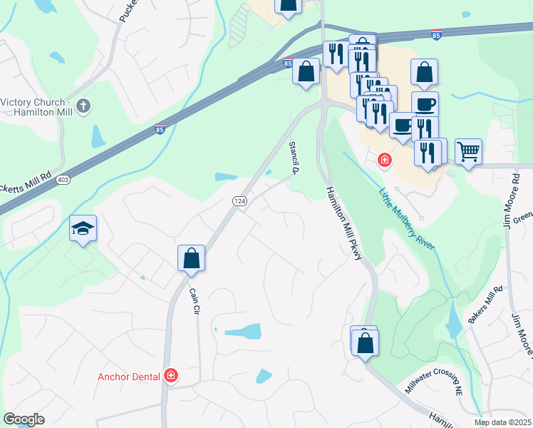 map of restaurants, bars, coffee shops, grocery stores, and more near 3237 Garden Valley Court in Dacula