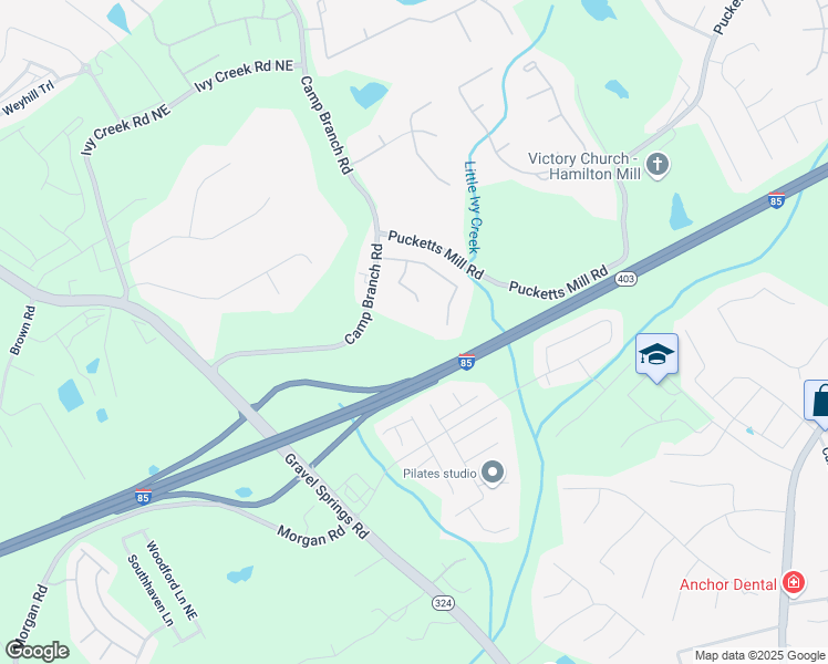 map of restaurants, bars, coffee shops, grocery stores, and more near 2635 Camp Branch Road in Buford