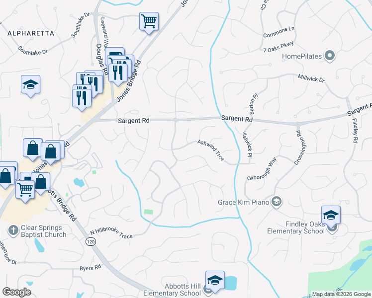 map of restaurants, bars, coffee shops, grocery stores, and more near 5475 Ashwind Trce in Alpharetta