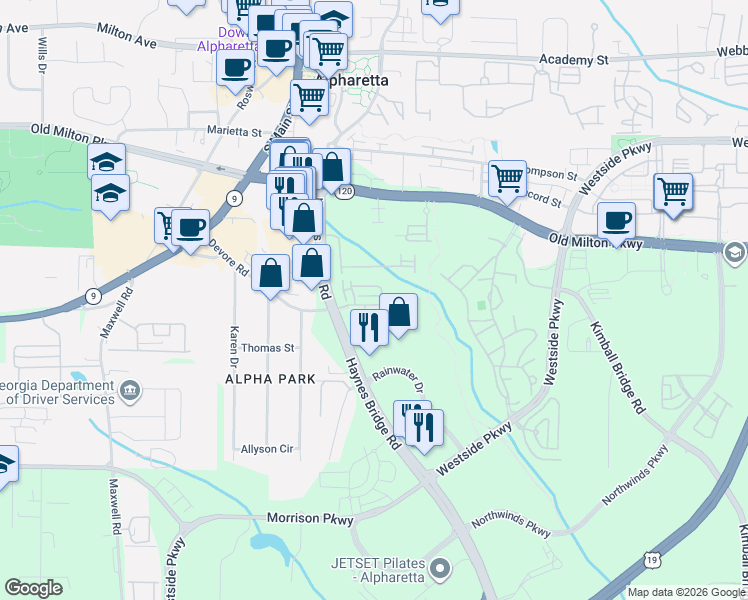 map of restaurants, bars, coffee shops, grocery stores, and more near 11675 Haynes Bridge Road in Alpharetta