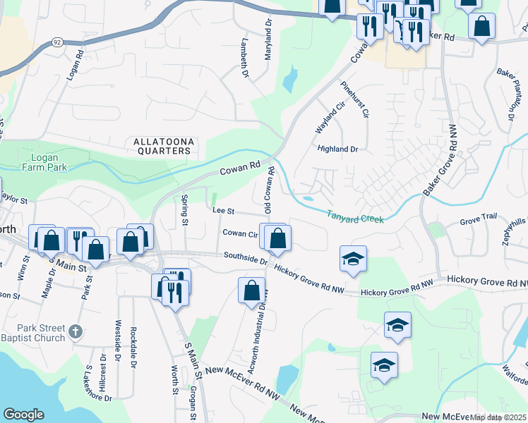 map of restaurants, bars, coffee shops, grocery stores, and more near 3799 Henry Court in Acworth