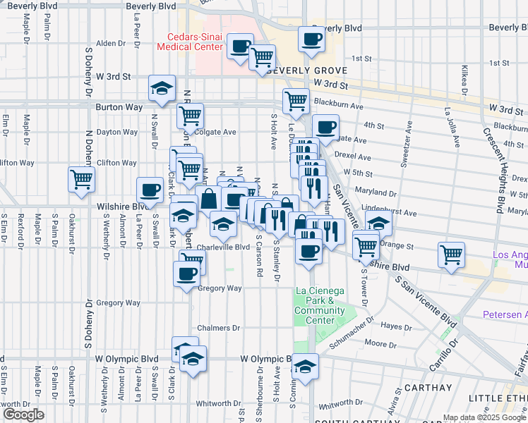 map of restaurants, bars, coffee shops, grocery stores, and more near 127 North Stanley Drive in Beverly Hills