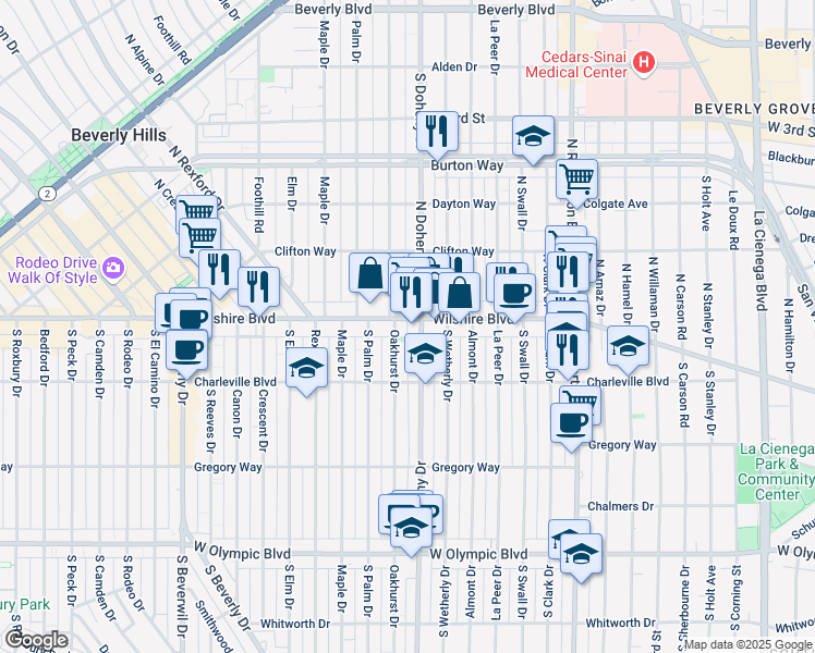 map of restaurants, bars, coffee shops, grocery stores, and more near 64 South Oakhurst Drive in Beverly Hills