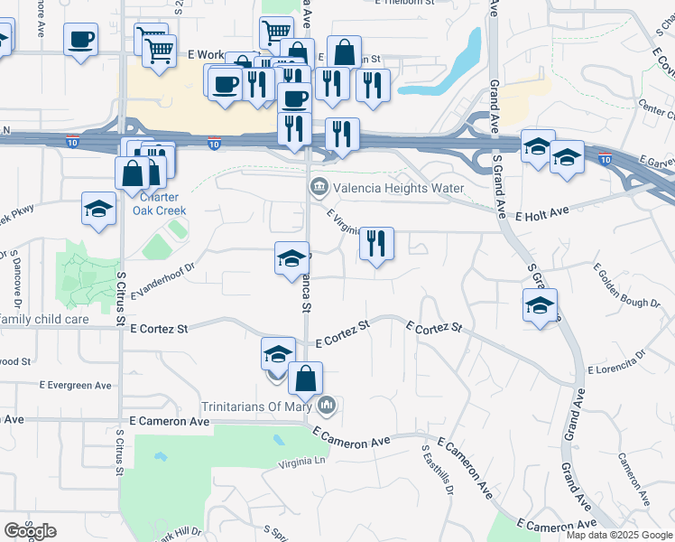 map of restaurants, bars, coffee shops, grocery stores, and more near 3033 East Sunset Hill Drive in West Covina
