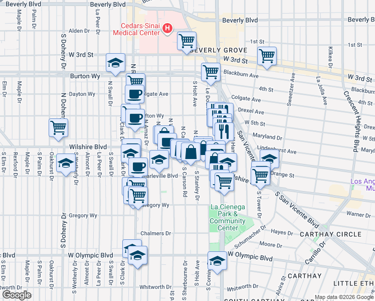 map of restaurants, bars, coffee shops, grocery stores, and more near 132 North Carson Road in Beverly Hills