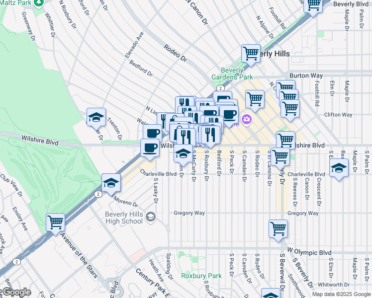map of restaurants, bars, coffee shops, grocery stores, and more near 9730 Wilshire Boulevard in Beverly Hills