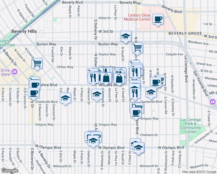 map of restaurants, bars, coffee shops, grocery stores, and more near 9000 Wilshire Boulevard in Beverly Hills