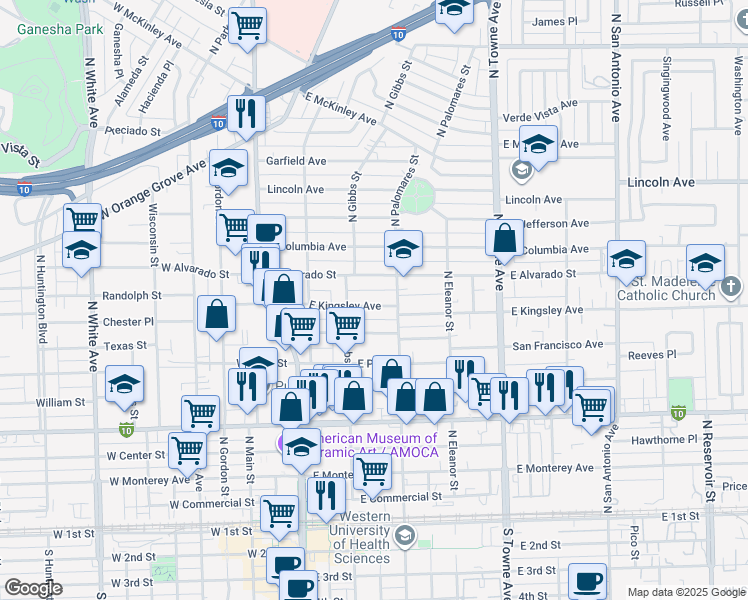 map of restaurants, bars, coffee shops, grocery stores, and more near 364 East Kingsley Avenue in Pomona