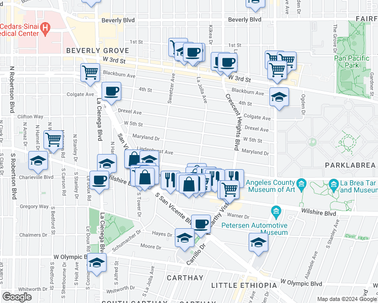 map of restaurants, bars, coffee shops, grocery stores, and more near 6427 Lindenhurst Avenue in Los Angeles