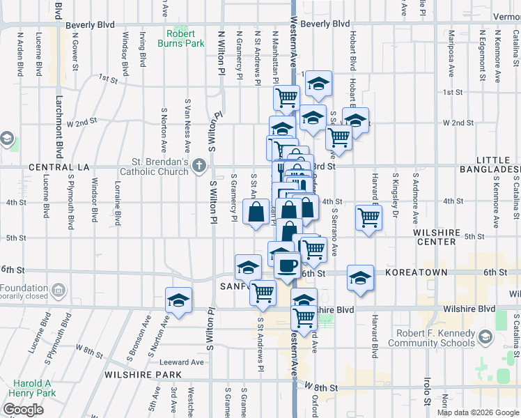map of restaurants, bars, coffee shops, grocery stores, and more near 406 South Saint Andrews Place in Los Angeles