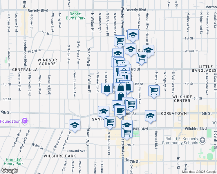 map of restaurants, bars, coffee shops, grocery stores, and more near 406 South Saint Andrews Place in Los Angeles