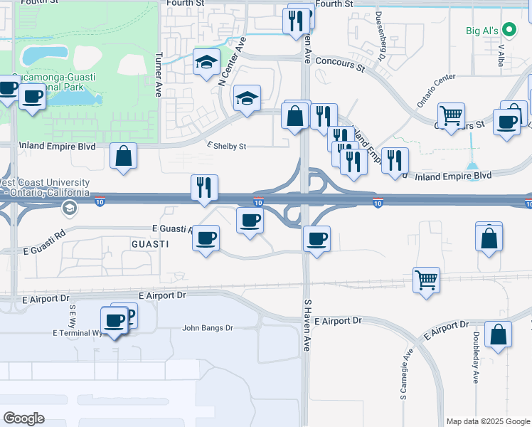 map of restaurants, bars, coffee shops, grocery stores, and more near 3401 North Centre Lake Drive in Ontario