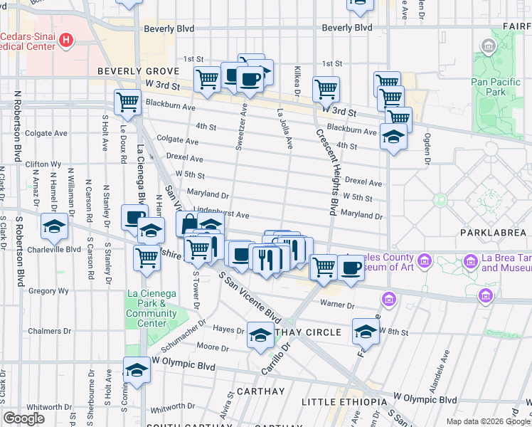 map of restaurants, bars, coffee shops, grocery stores, and more near 6427 Lindenhurst Avenue in Los Angeles