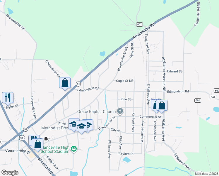 map of restaurants, bars, coffee shops, grocery stores, and more near 1002 Edmondson Road in Hanceville