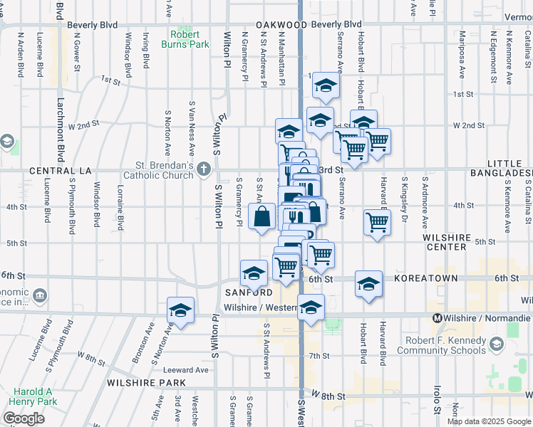 map of restaurants, bars, coffee shops, grocery stores, and more near 420 South Saint Andrews Place in Los Angeles