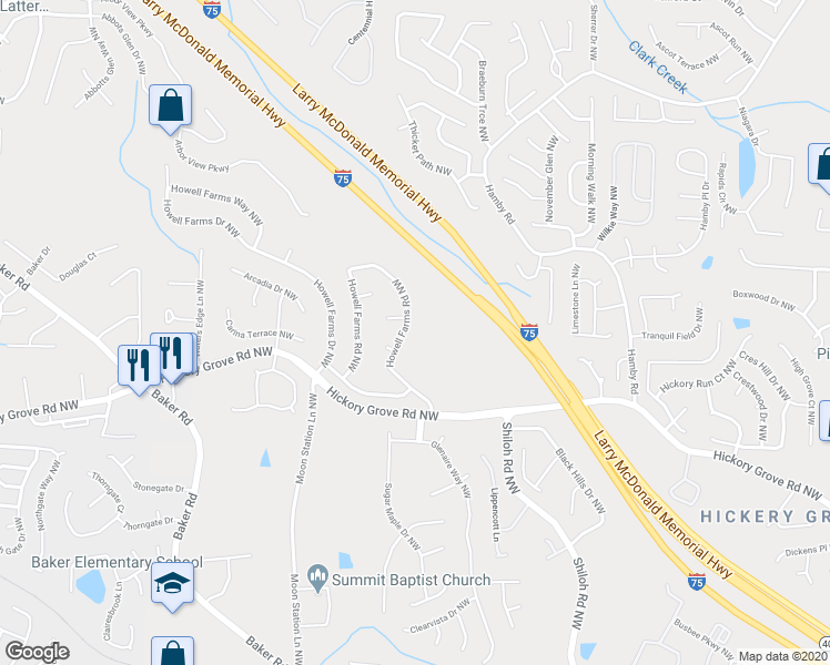 map of restaurants, bars, coffee shops, grocery stores, and more near 4563 Howell Farms Road Northwest in Acworth