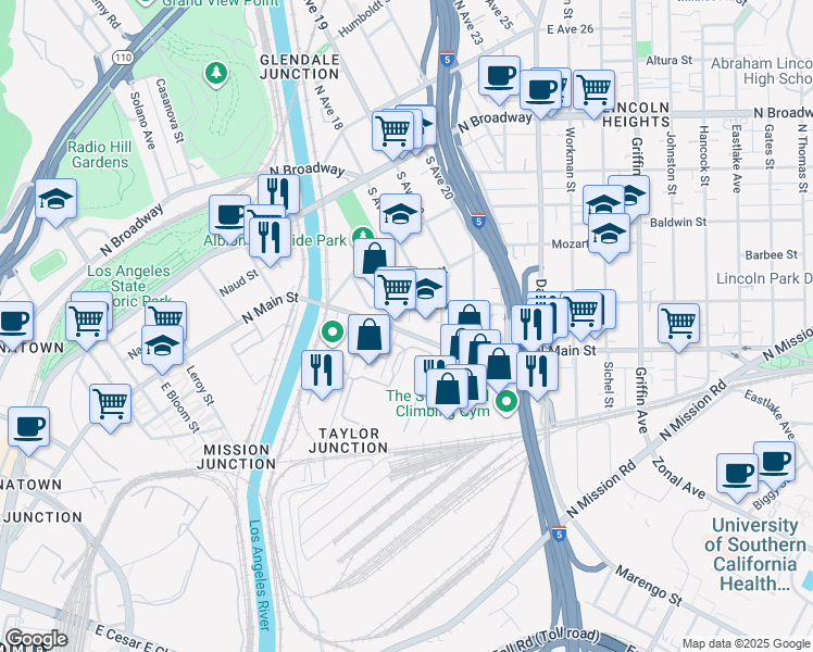 map of restaurants, bars, coffee shops, grocery stores, and more near 614 Clover Street in Los Angeles